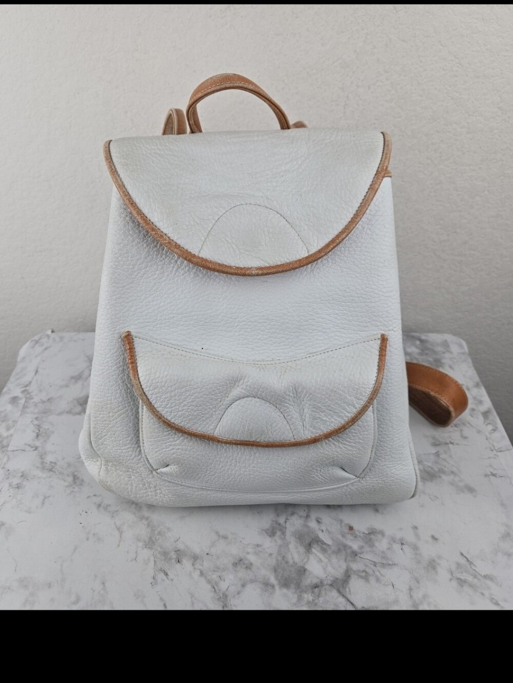 Jo Ann Page White Leather Backpack with Tan Trim
